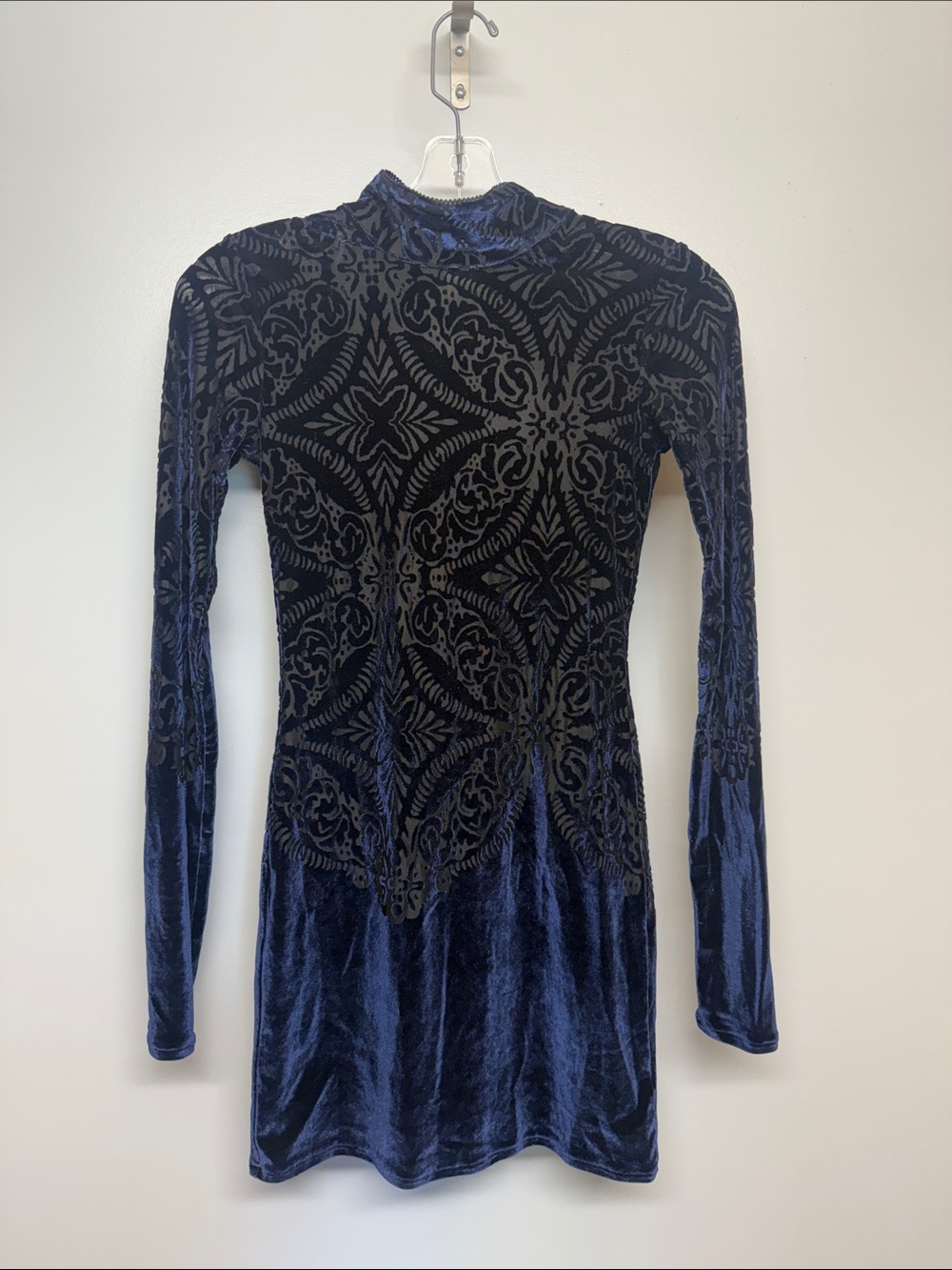 Free People Navy Blue Floral Pattern Velvet Burnout Mini Dress